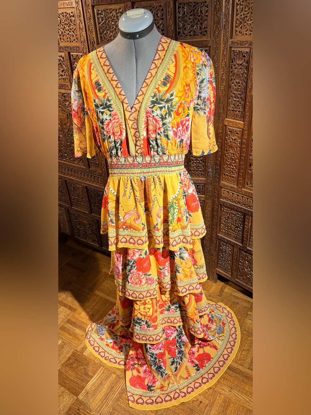 B&S Bohemian Yellow Floral Tiered V‑Neck Maxi Dress